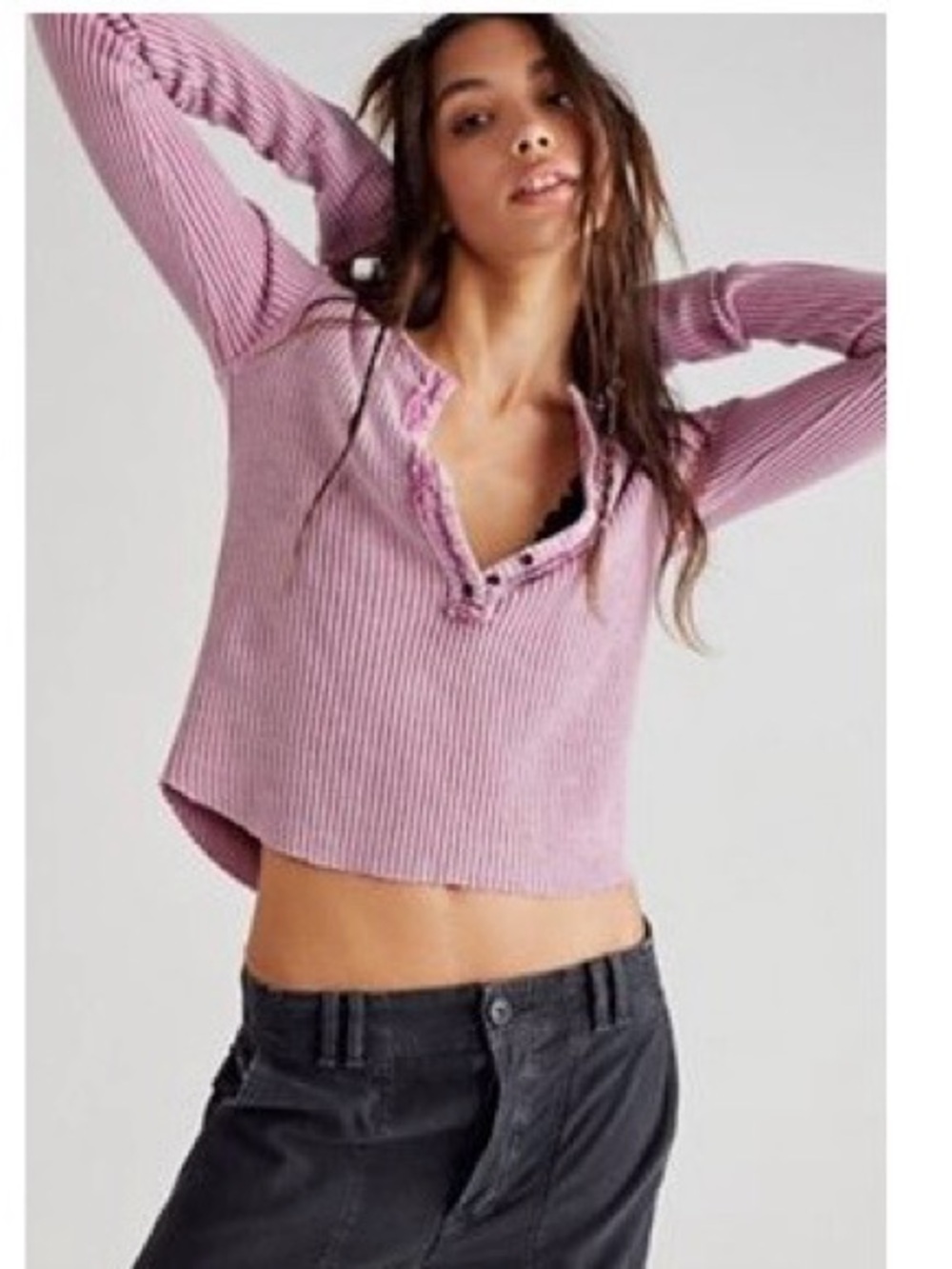 Free People One Colt Thermal Cropped Ribbed Henley Long-Sleeve Top - bubble tea